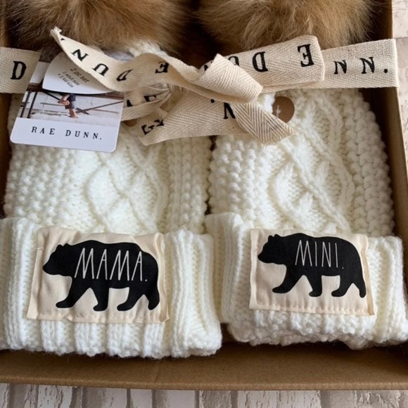 Rae Dunn Mamma and Mini Bear Matching Beanie with Faux Fur Pom - Picture 7 of 7
